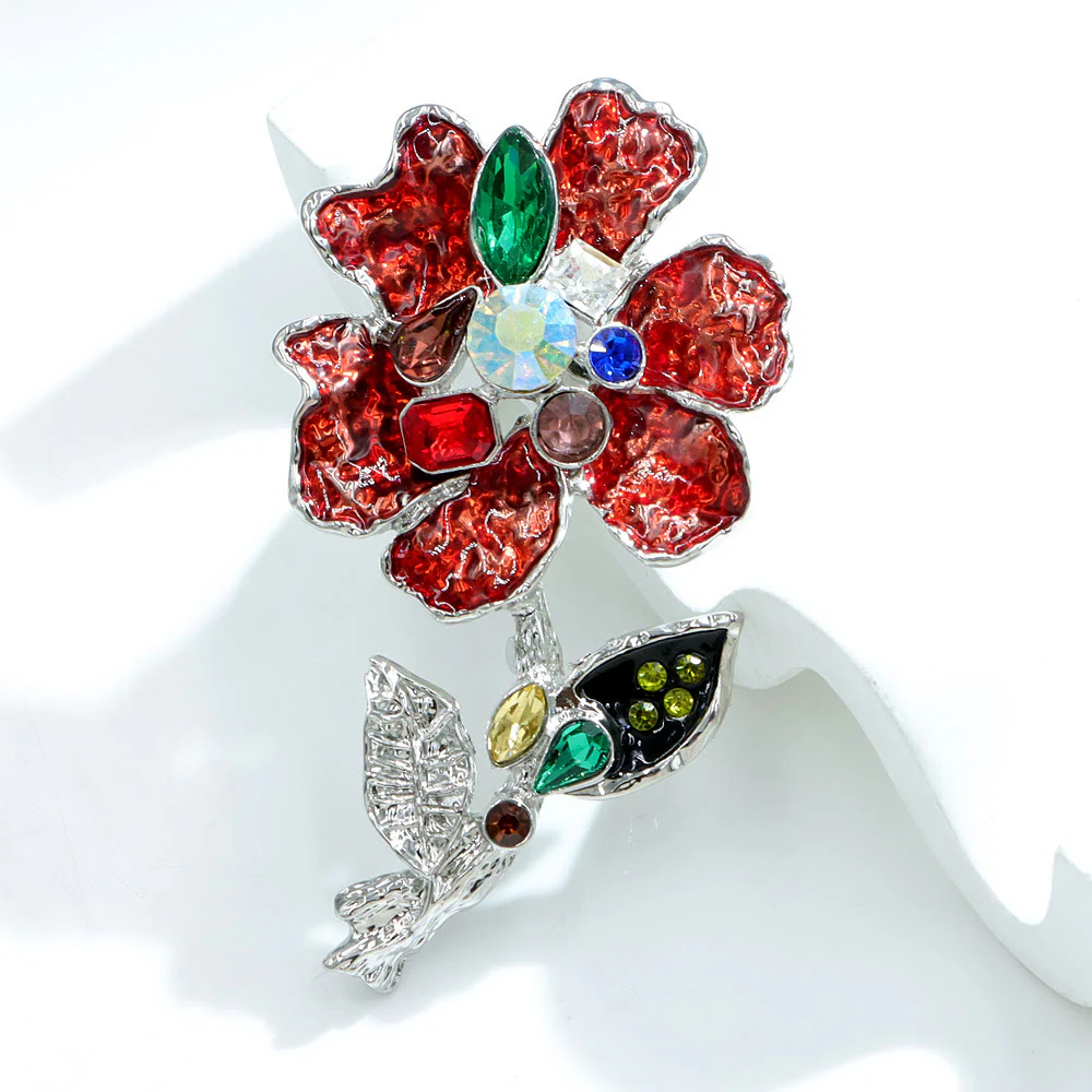 Multicolored Crystal Floral Silver Brooch