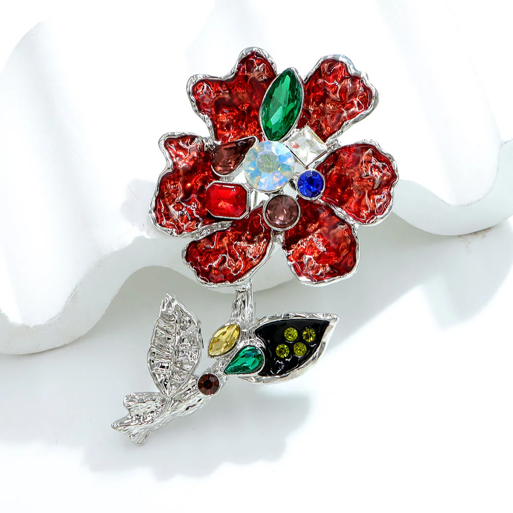 Multicolored Crystal Floral Silver Brooch - Image 2