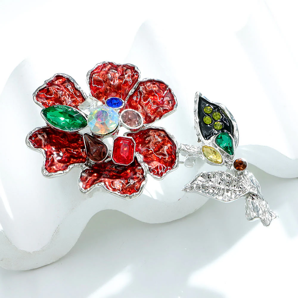 Multicolored Crystal Floral Silver Brooch - Image 4