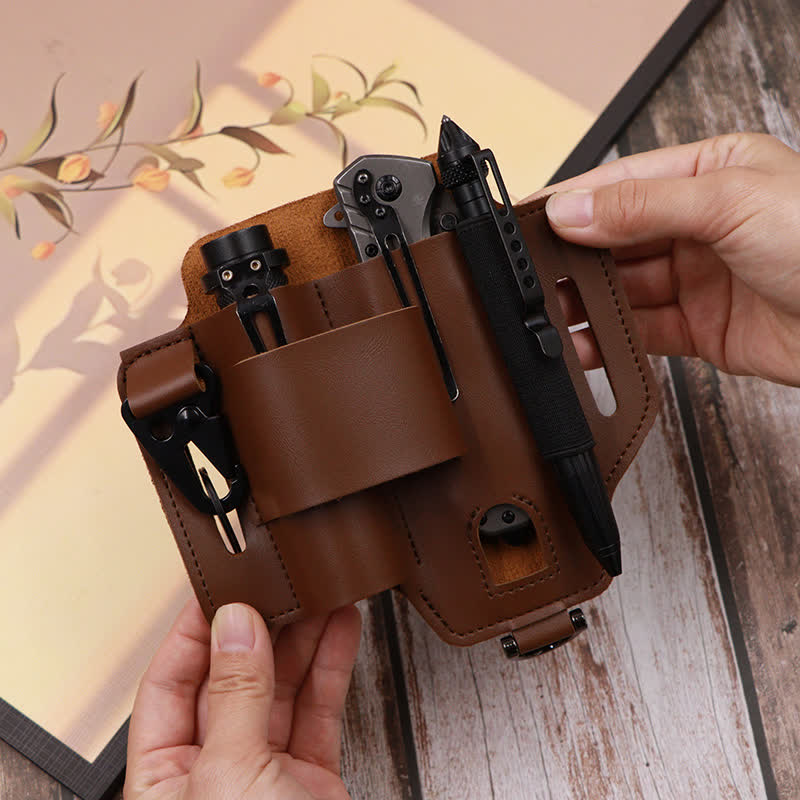 Multitool Sheath Folding Knife Flashlight Leather Belt Bag - Image 2