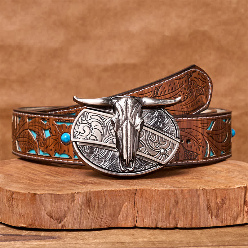 Bull's Head DIY Hidden Knife Silver Western Vintage Buckle Leather Belt - Image 10