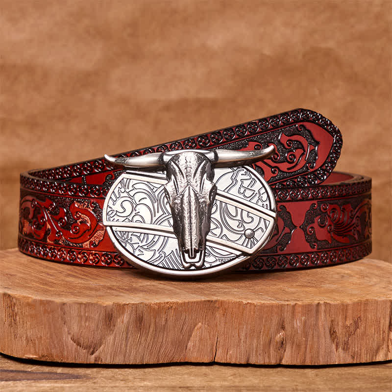 Bull's Head DIY Hidden Knife Silver Western Vintage Buckle Leather Belt - Image 13
