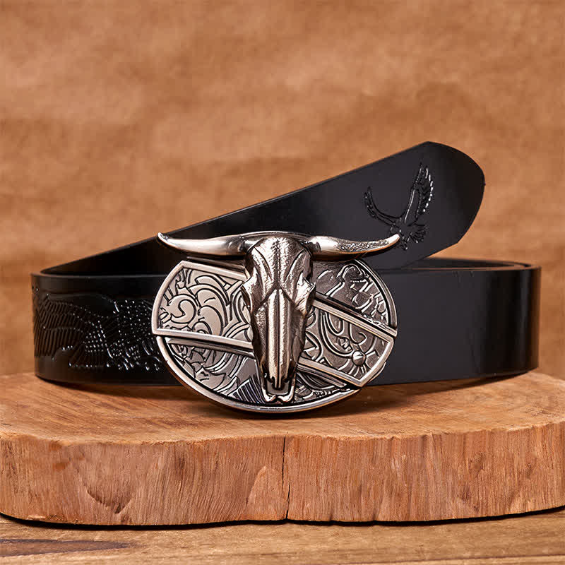 Bull's Head DIY Hidden Knife Silver Western Vintage Buckle Leather Belt - Image 14