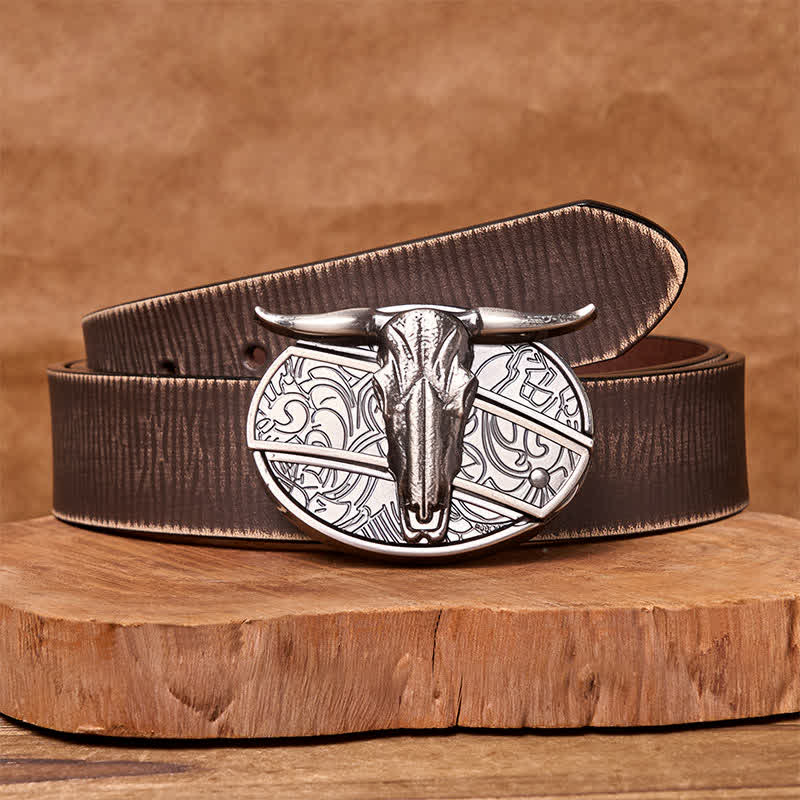 Bull's Head DIY Hidden Knife Silver Western Vintage Buckle Leather Belt - Image 15