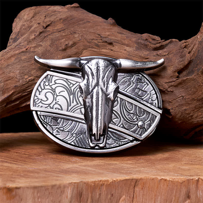 Bull's Head DIY Hidden Knife Silver Western Vintage Buckle Leather Belt - Image 18
