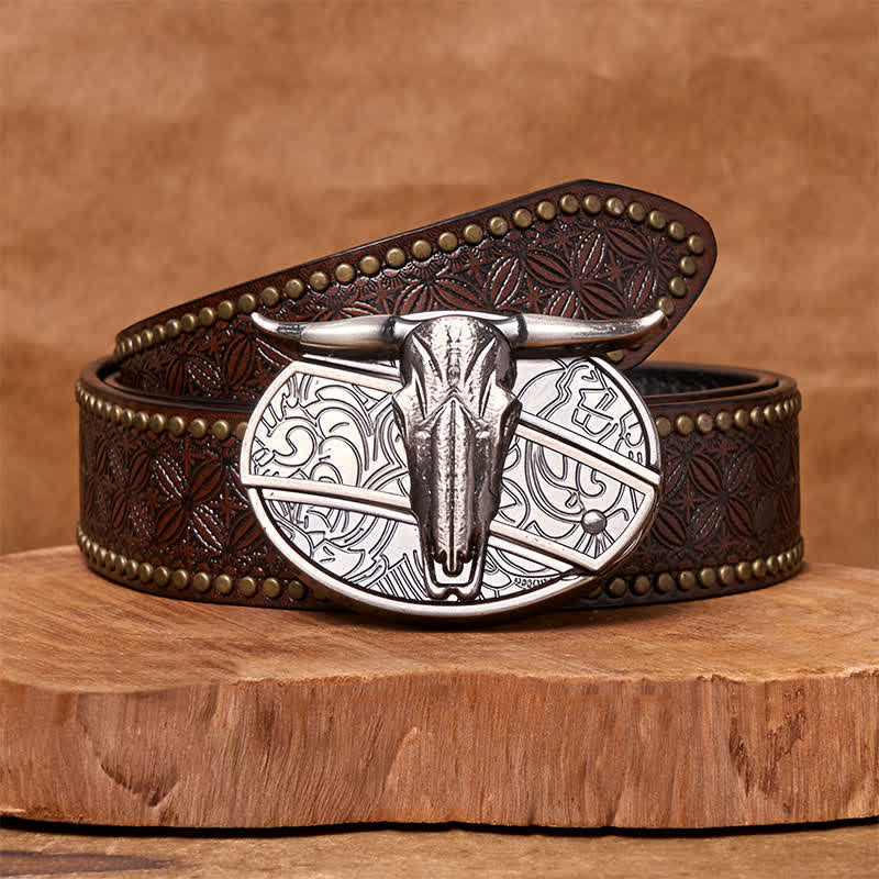 Bull's Head DIY Hidden Knife Silver Western Vintage Buckle Leather Belt - Image 19