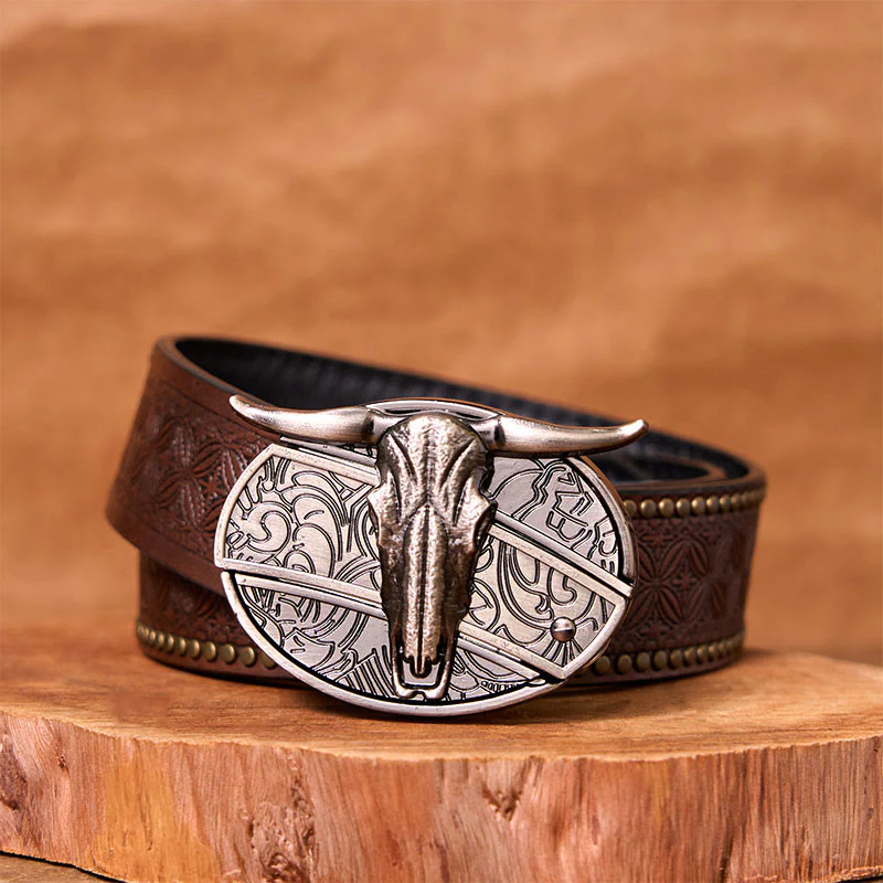 Bull's Head DIY Hidden Knife Silver Western Vintage Buckle Leather Belt - Image 2