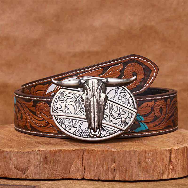 Bull's Head DIY Hidden Knife Silver Western Vintage Buckle Leather Belt - Image 20