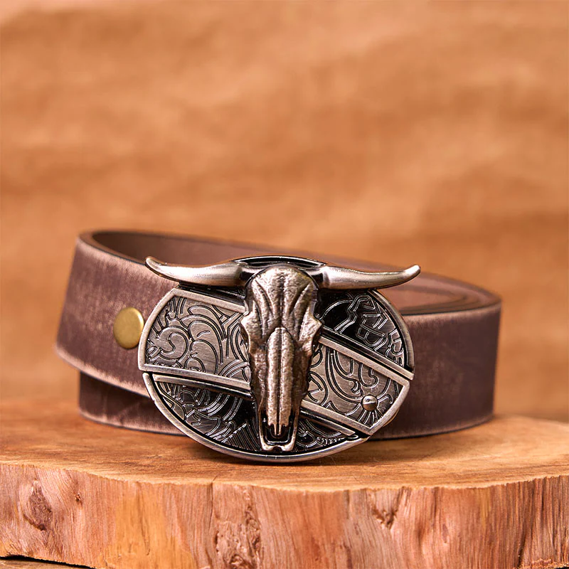 Bull's Head DIY Hidden Knife Silver Western Vintage Buckle Leather Belt - Image 3