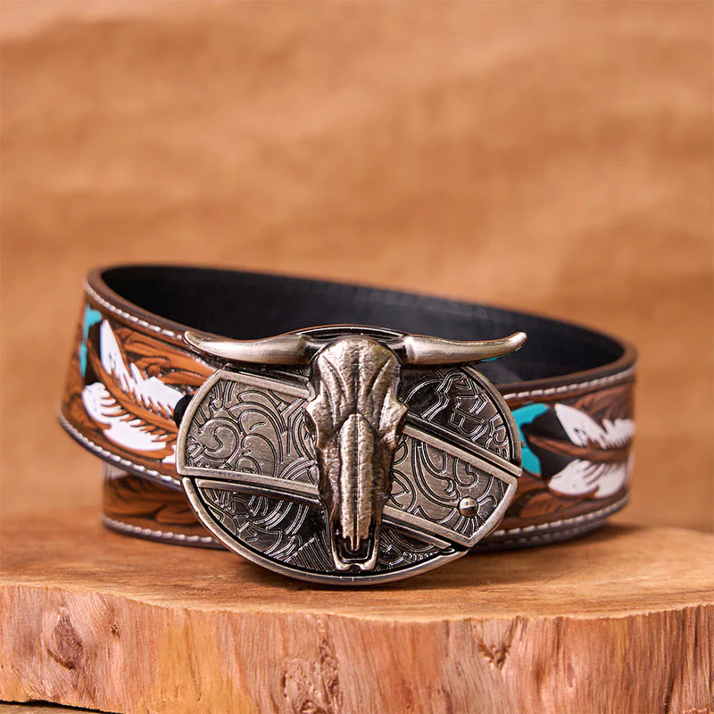 Bull's Head DIY Hidden Knife Silver Western Vintage Buckle Leather Belt - Image 4
