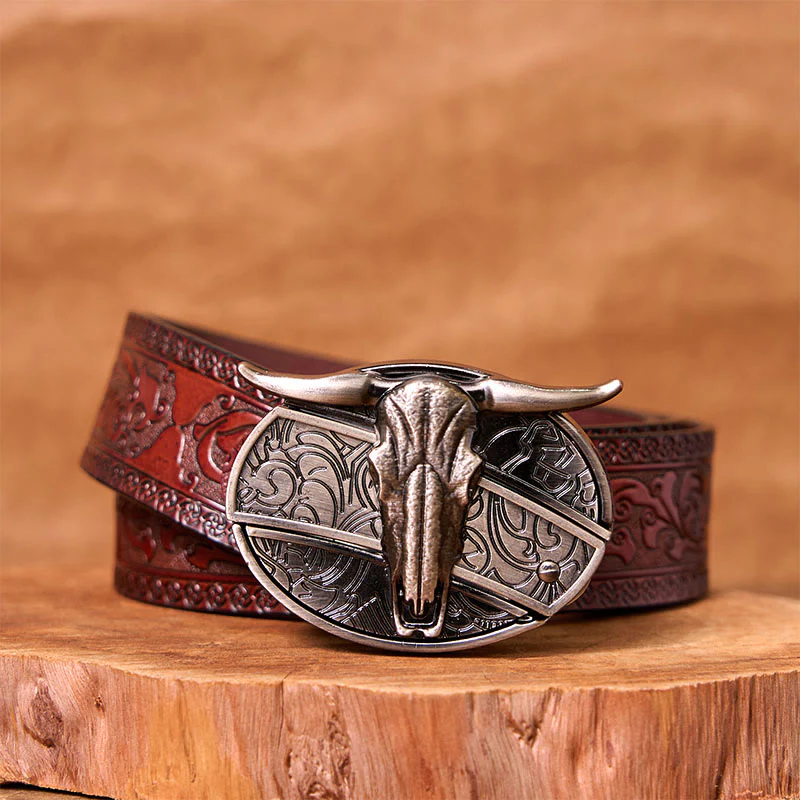Bull's Head DIY Hidden Knife Silver Western Vintage Buckle Leather Belt - Image 6