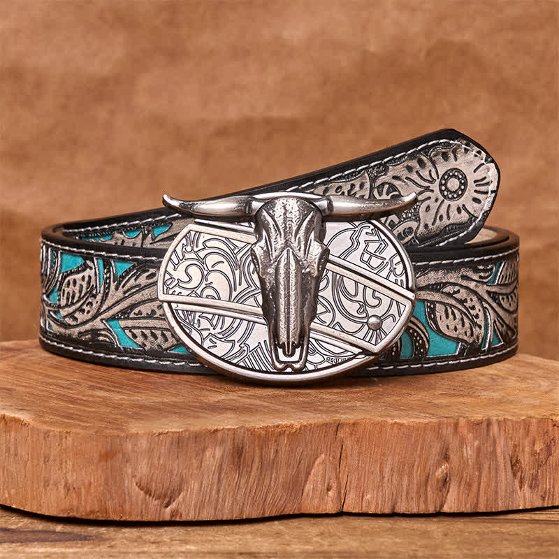 Bull's Head DIY Hidden Knife Silver Western Vintage Buckle Leather Belt - Image 9