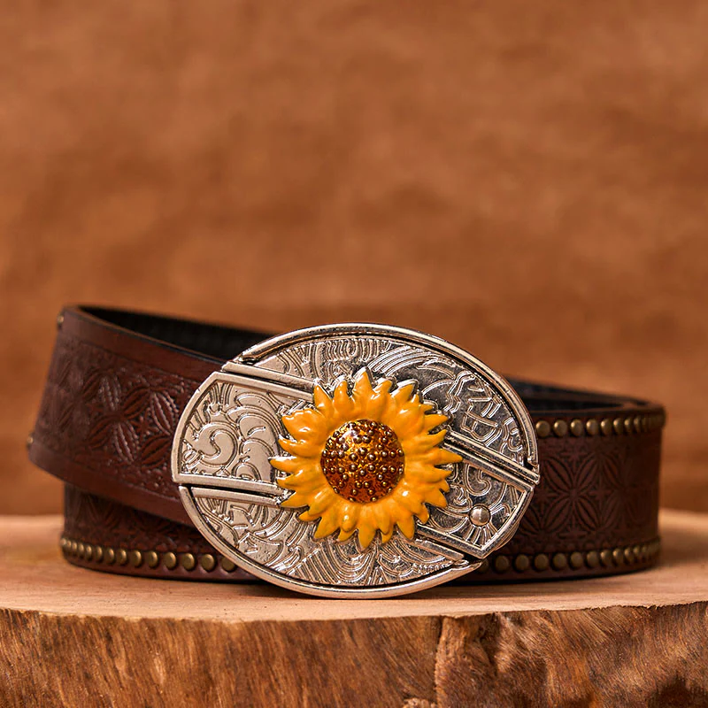 Men's Colorful Sunflower DIY Hidden Knife Western Buckle Leather Belt (Pre-Sale) - Image 6