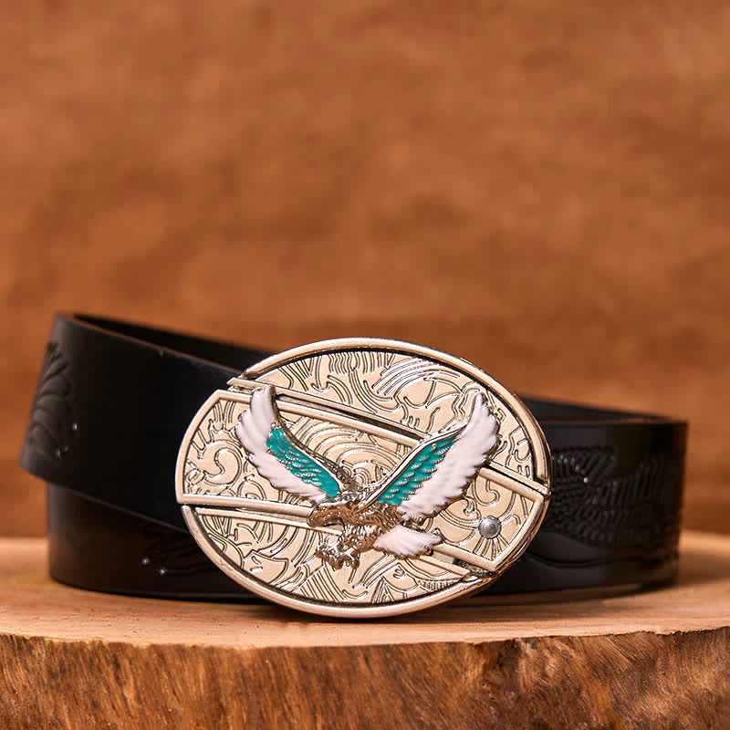 Men's DIY Blue & White Flying Eagle Hidden Folding Knife Leather Belt - Image 2