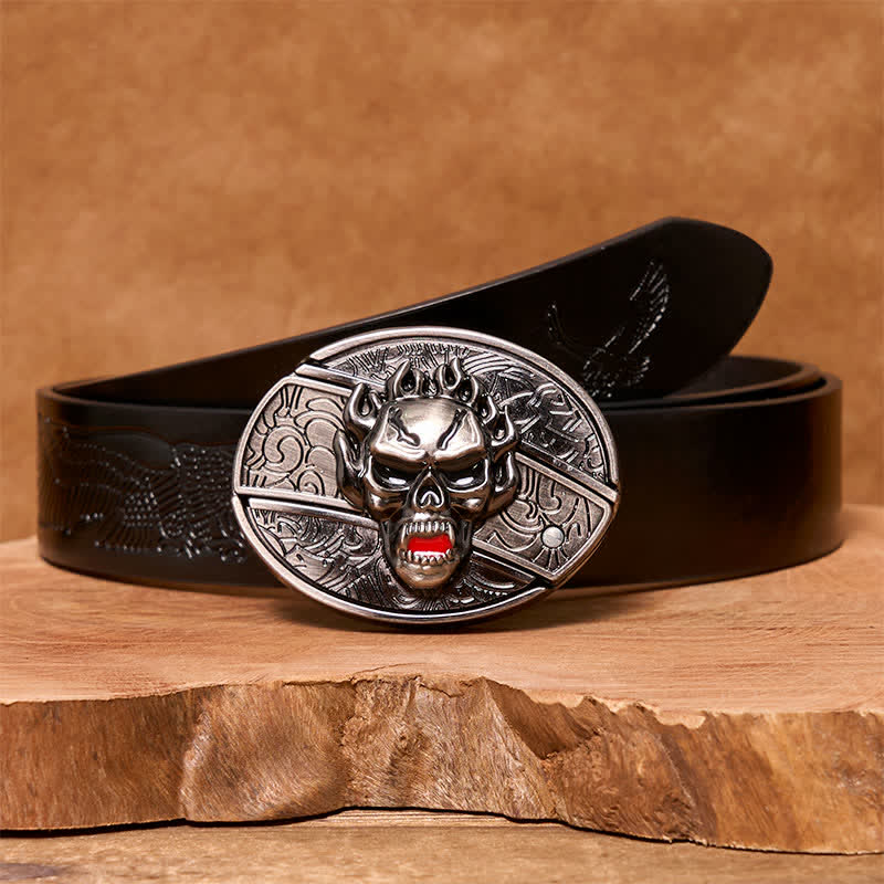 Men's DIY Flame Skull Hidden Folding Knife Leather Belt - Image 3
