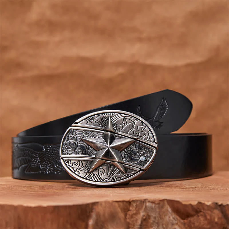 Men's DIY Pentagram Hidden Folding Knife Leather Belt - Image 2