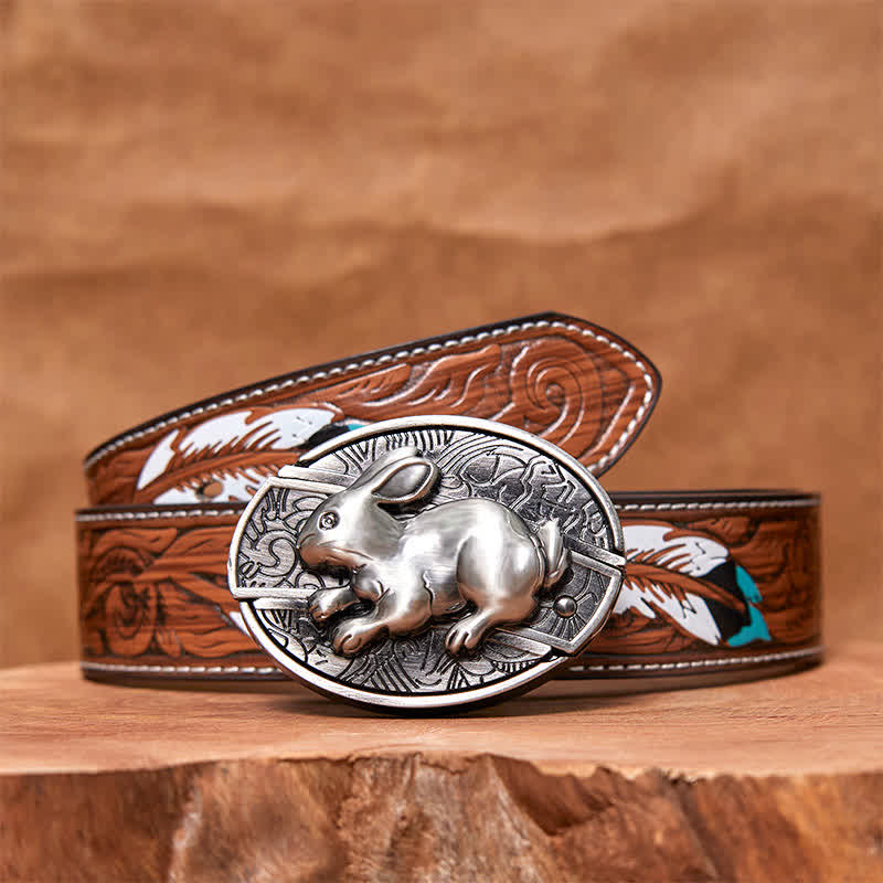 Men's DIY Rabbit Hidden Folding Knife Leather Belt - Image 2