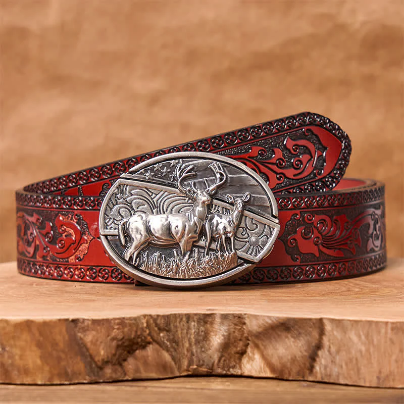 Men's DIY Deer Flag Hidden Folding Knife Leather Belt - Image 12