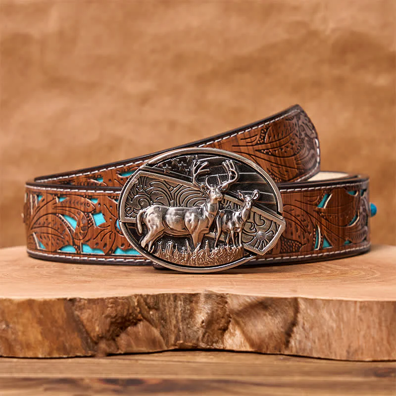 Men's DIY Deer Flag Hidden Folding Knife Leather Belt - Image 9