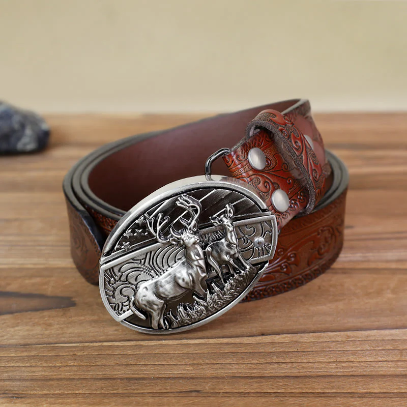 Men's DIY Deer Flag Hidden Folding Knife Leather Belt - Image 3