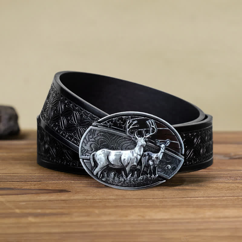 Men's DIY Deer Flag Hidden Folding Knife Leather Belt - Image 4