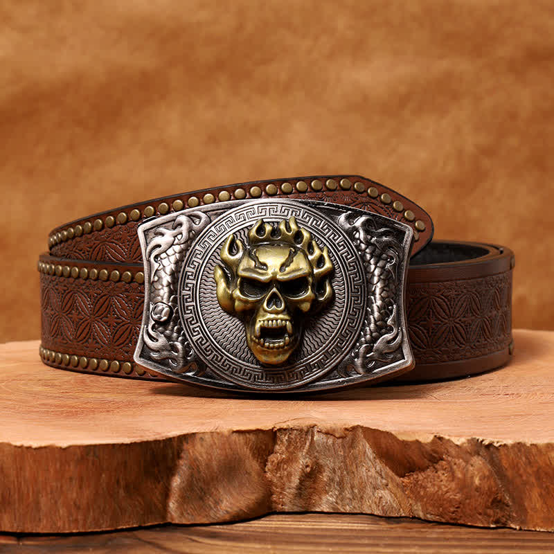 Men's DIY Flame Skull Hidden Folding Knife Leather Belt - Image 10