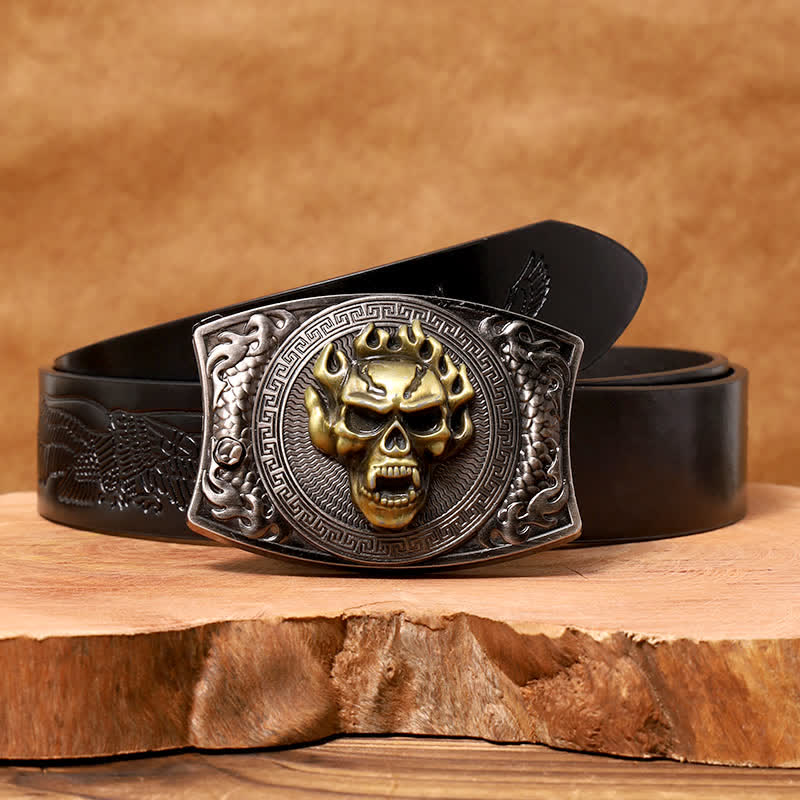 Men's DIY Flame Skull Hidden Folding Knife Leather Belt - Image 5