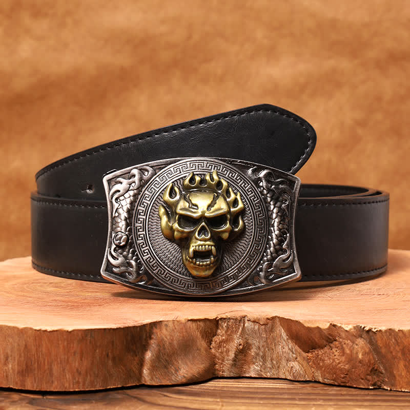 Men's DIY Flame Skull Hidden Folding Knife Leather Belt - Image 6
