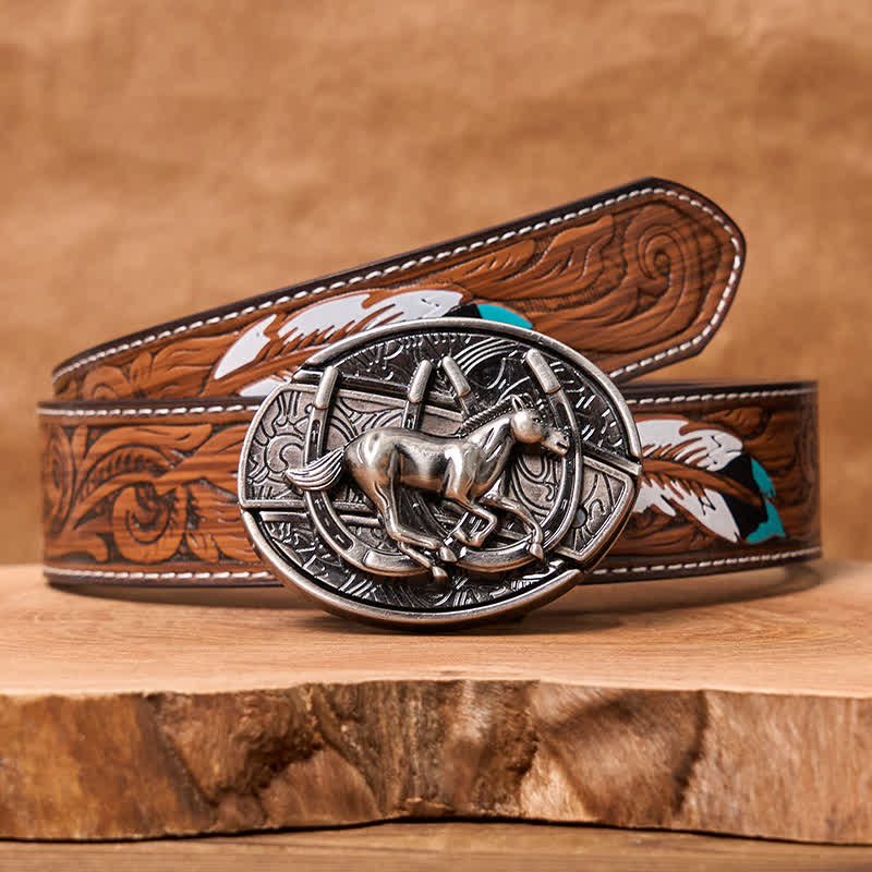 Men's DIY Galloping Horse Hidden Folding Knife Leather Belt - Image 16