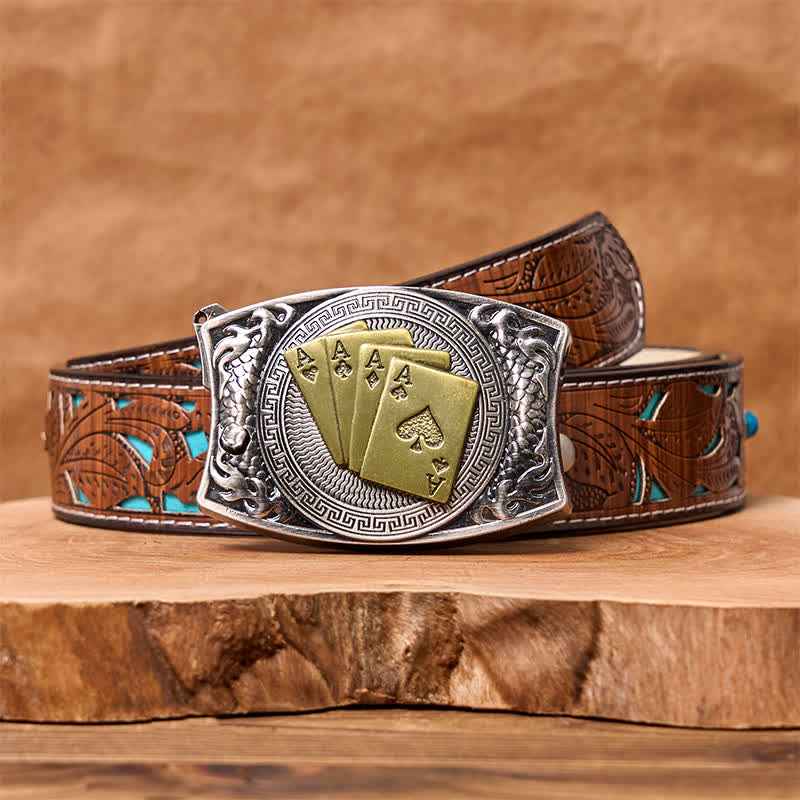 Men's DIY Gold Poker Hidden Folding Knife Leather Belt - Image 7