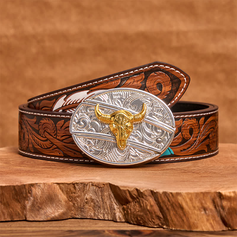Men's DIY Gold & Silver Bull Hidden Folding Knife Leather Belt - Image 9