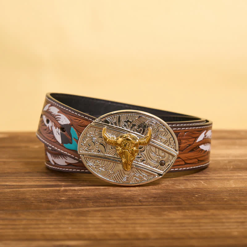 Men's DIY Gold & Silver Bull Hidden Folding Knife Leather Belt - Image 3