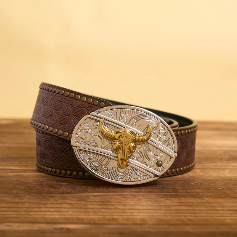 Men's DIY Gold & Silver Bull Hidden Folding Knife Leather Belt - Image 4