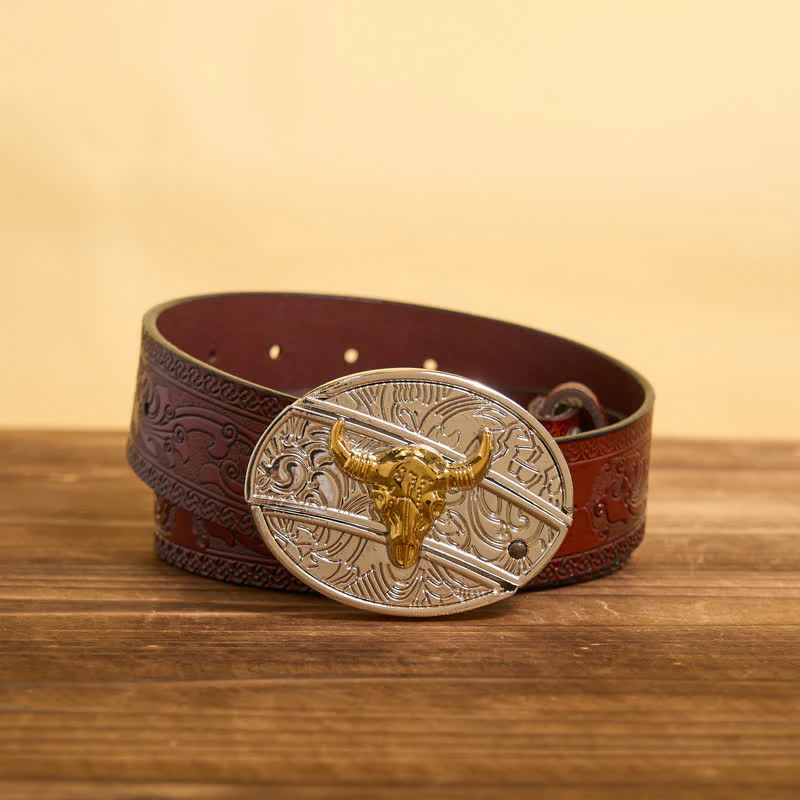 Men's DIY Gold & Silver Bull Hidden Folding Knife Leather Belt - Image 5