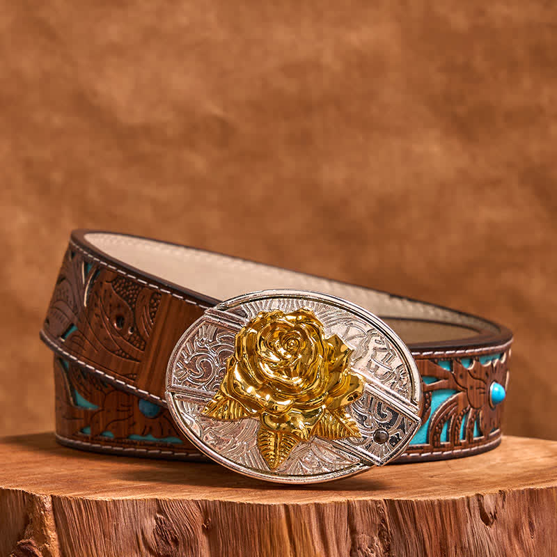 Men's DIY Gold & Silver Rose Hidden Folding Knife Leather Belt (Pre-Sale) - Image 3