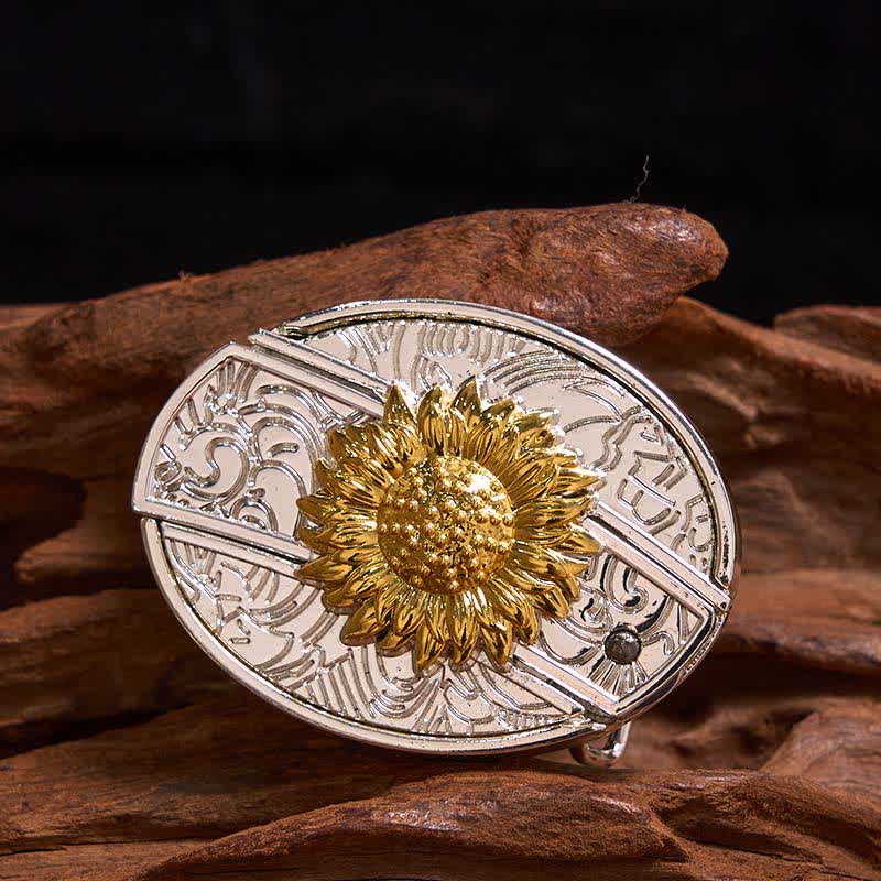 Men's DIY Gold & Silver Sunflower Hidden Folding Knife Leather Belt - Image 2