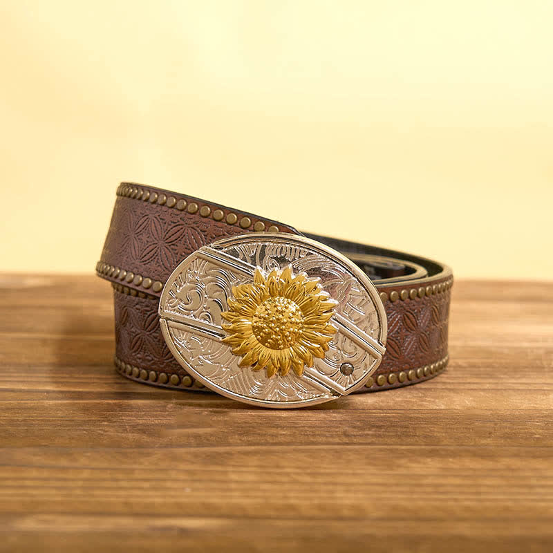 Men's DIY Gold & Silver Sunflower Hidden Folding Knife Leather Belt - Image 3