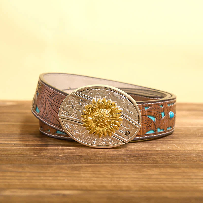 Men's DIY Gold & Silver Sunflower Hidden Folding Knife Leather Belt - Image 4