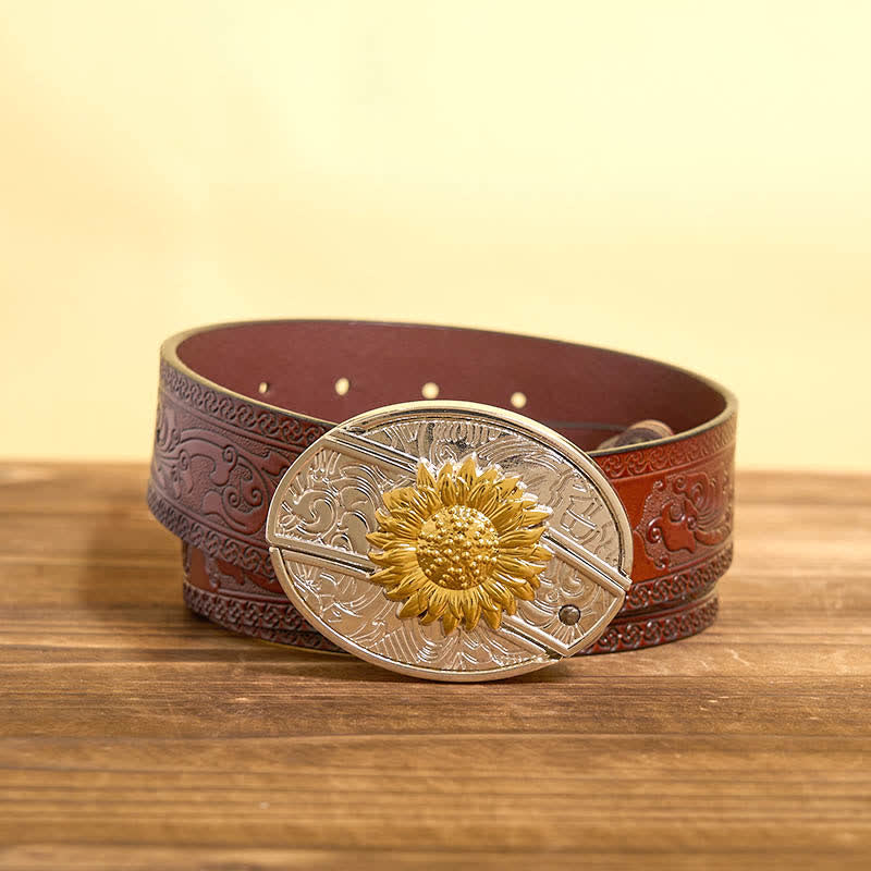 Men's DIY Gold & Silver Sunflower Hidden Folding Knife Leather Belt - Image 5