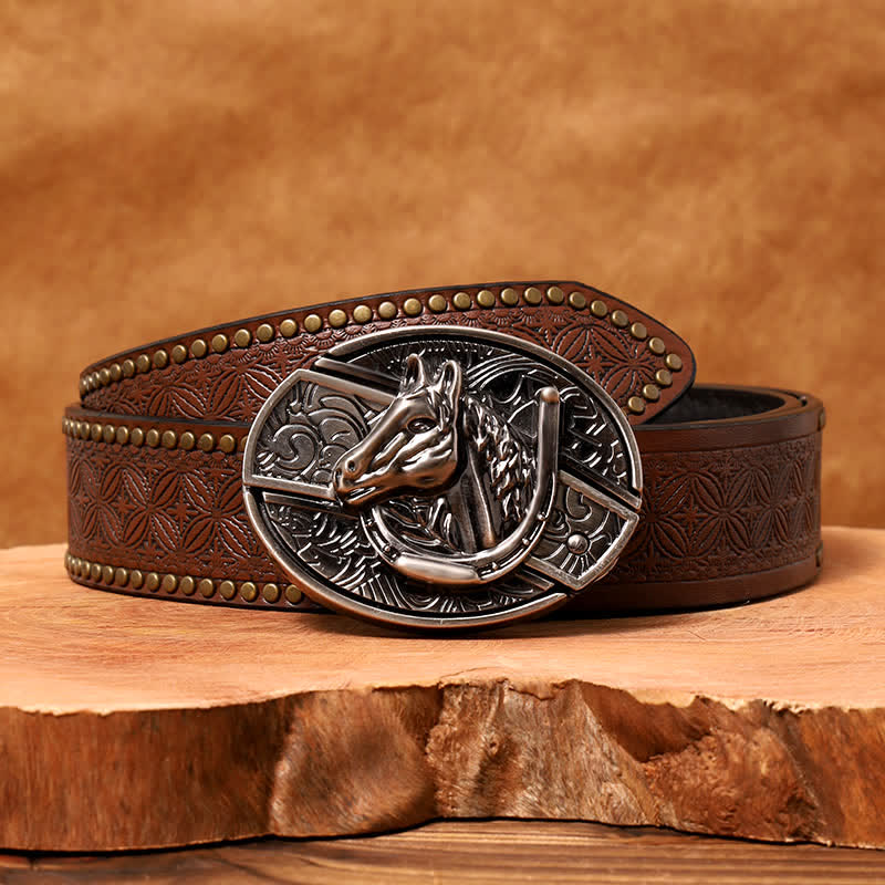 Men's DIY Horse Head Hidden Folding Knife Leather Belt - Image 6