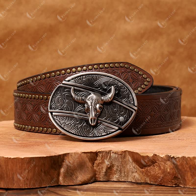 Men's DIY Longhorn Bull Hidden Folding Knife Leather Belt - Image 2