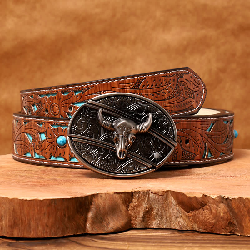 Men's DIY Longhorn Bull Hidden Folding Knife Leather Belt - Image 8