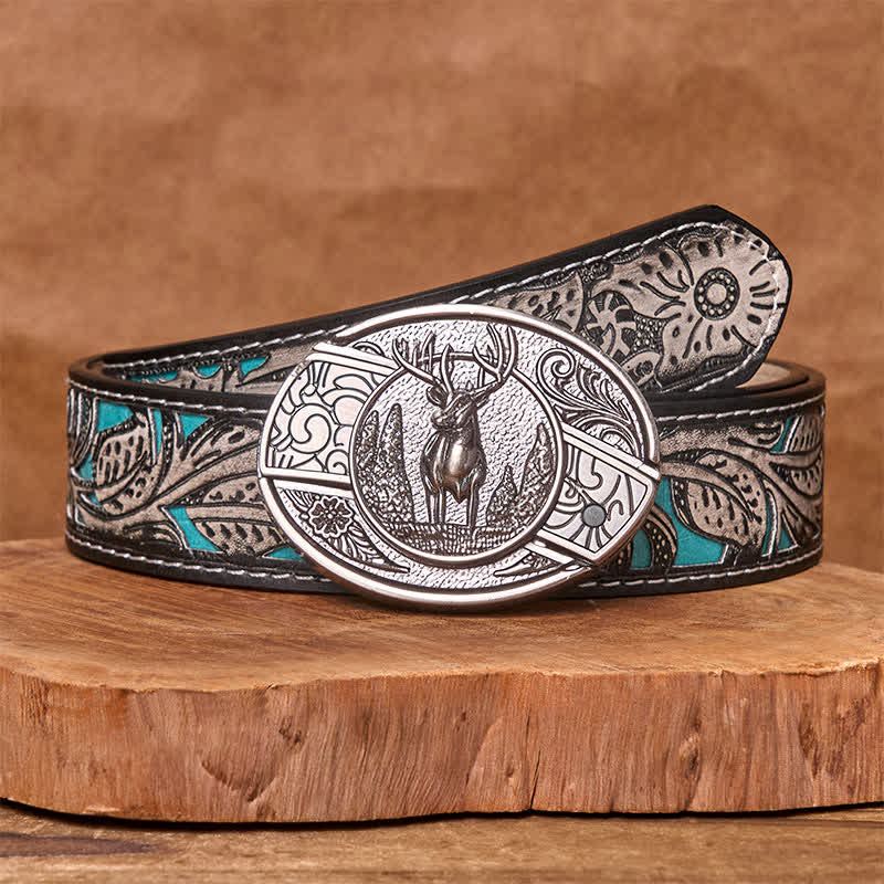 Men's DIY Forest Deer Hidden Folding Knife Leather Belt - Image 10