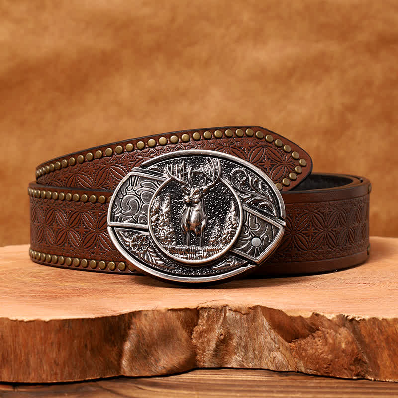 Men's DIY Forest Deer Hidden Folding Knife Leather Belt - Image 12