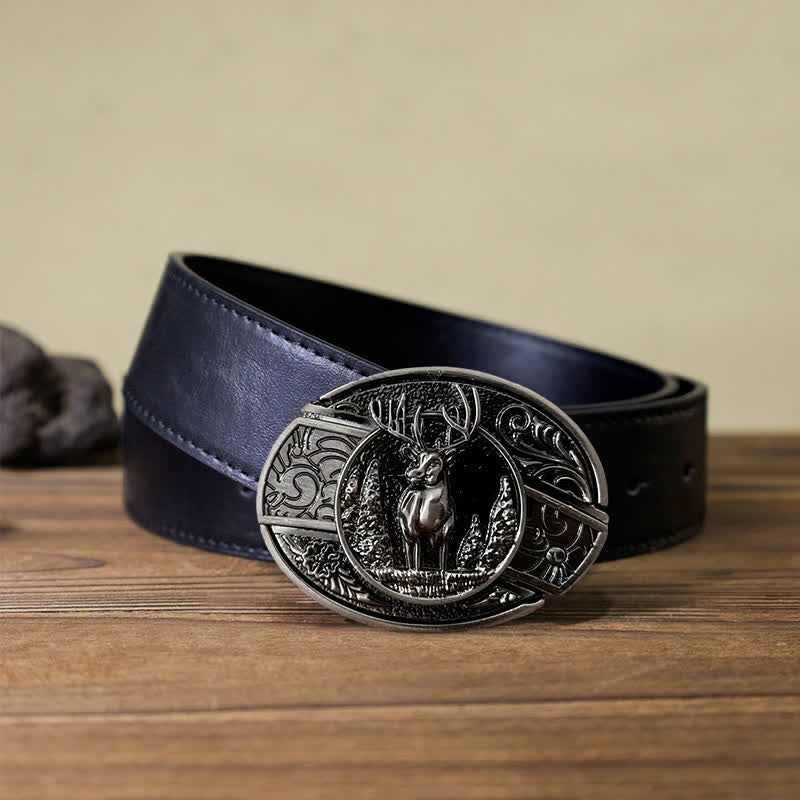 Men's DIY Forest Deer Hidden Folding Knife Leather Belt - Image 2