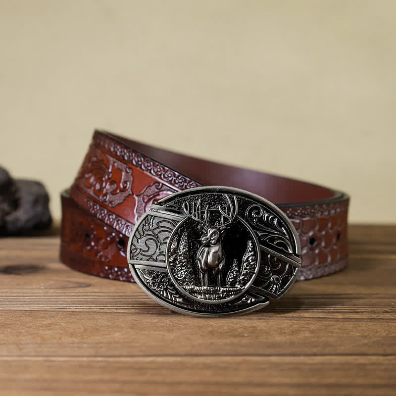 Men's DIY Forest Deer Hidden Folding Knife Leather Belt - Image 3
