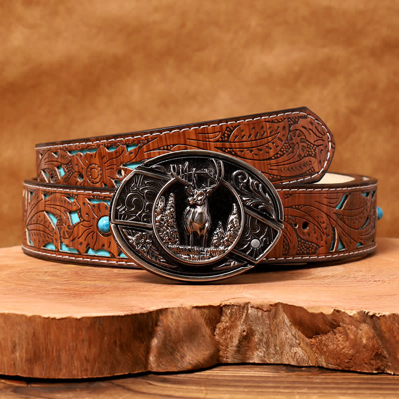 Men's DIY Forest Deer Hidden Folding Knife Leather Belt - Image 4