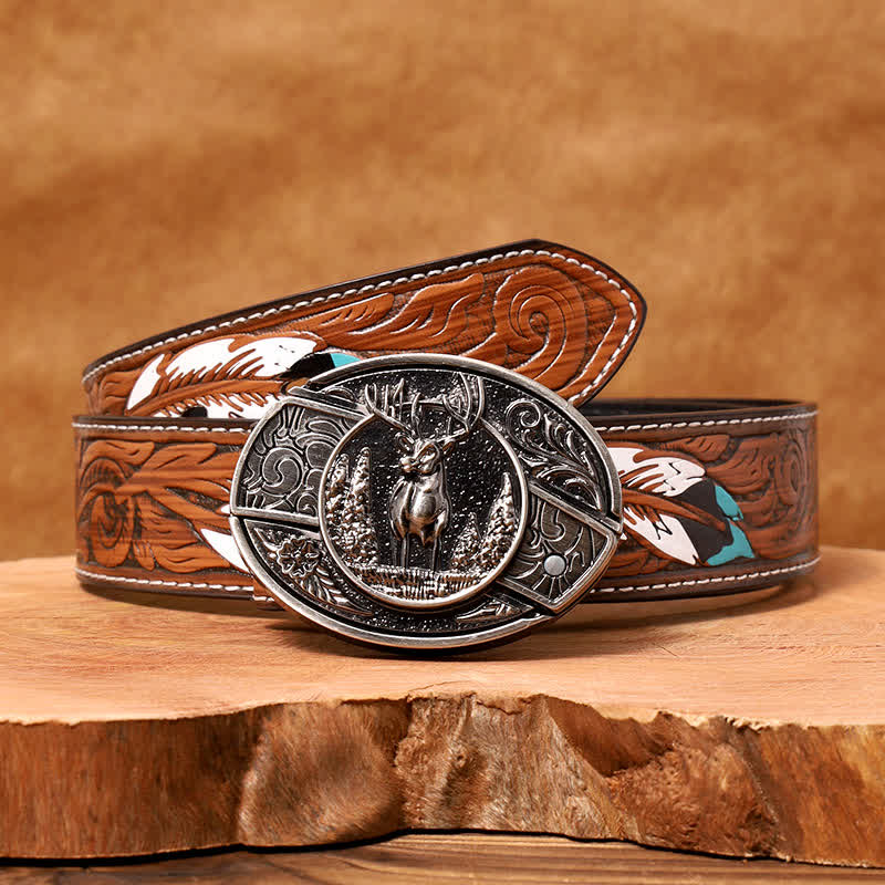 Men's DIY Forest Deer Hidden Folding Knife Leather Belt - Image 8