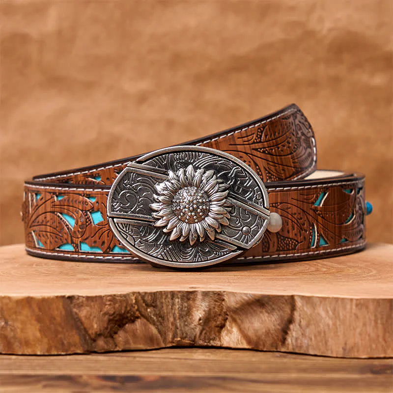 Men's DIY Sunflower Hidden Folding Knife Leather Belt - Image 16