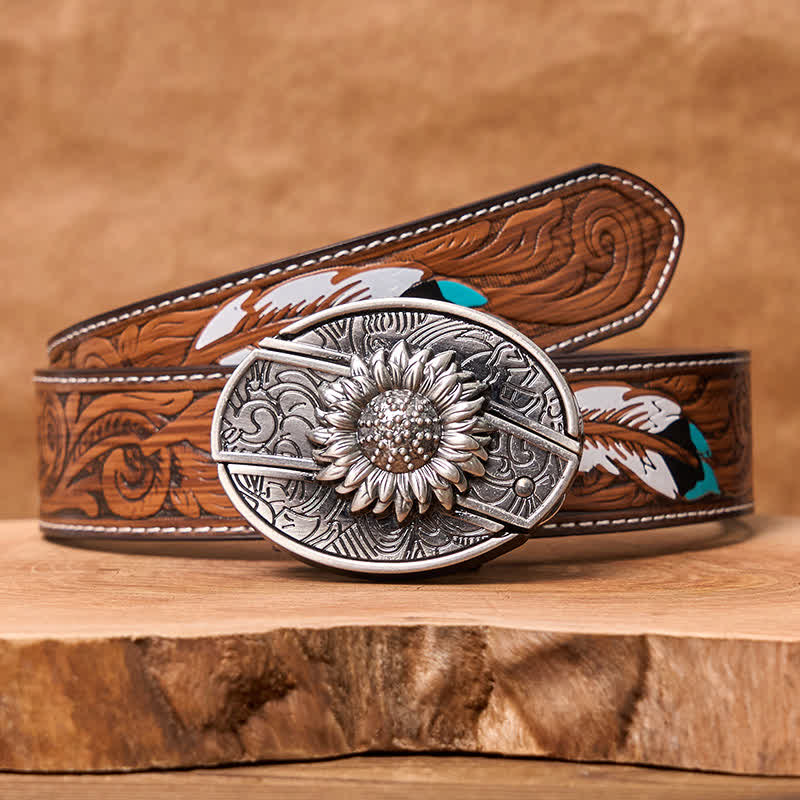 Men's DIY Sunflower Hidden Folding Knife Leather Belt - Image 19